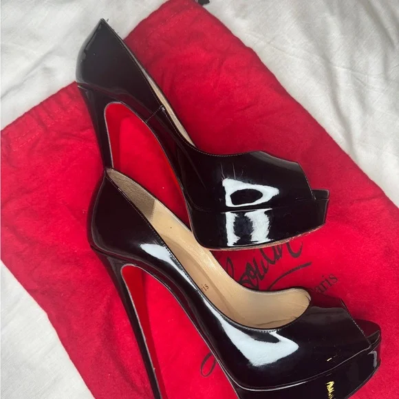 Christian Louboutin Glossy Black Peep Toe Heels - Picture 5 of 8